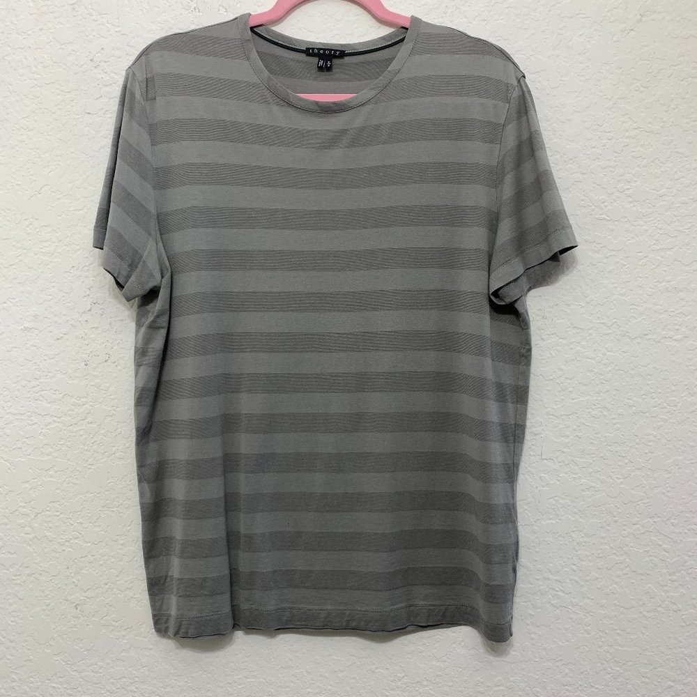 Theory Mens Medium Gray Striped Lightweight Stretch Crew Neck Top Short Sleeves